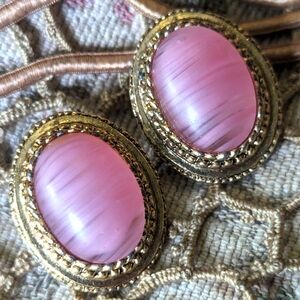 Pink glass cabochon oval button earrings